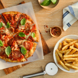 Pizza, chips & mini roast rolls